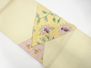 手織り紬　手描き　唐花模様　名古屋帯